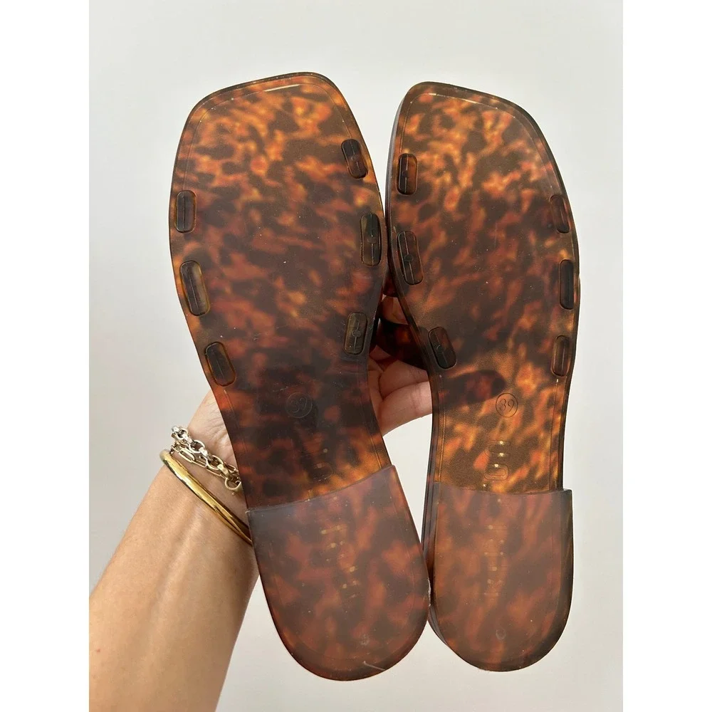 Bibi Lou Tortoise Shell Jelly Slides Women 39 Brown H-Strap Square Toe Preppy